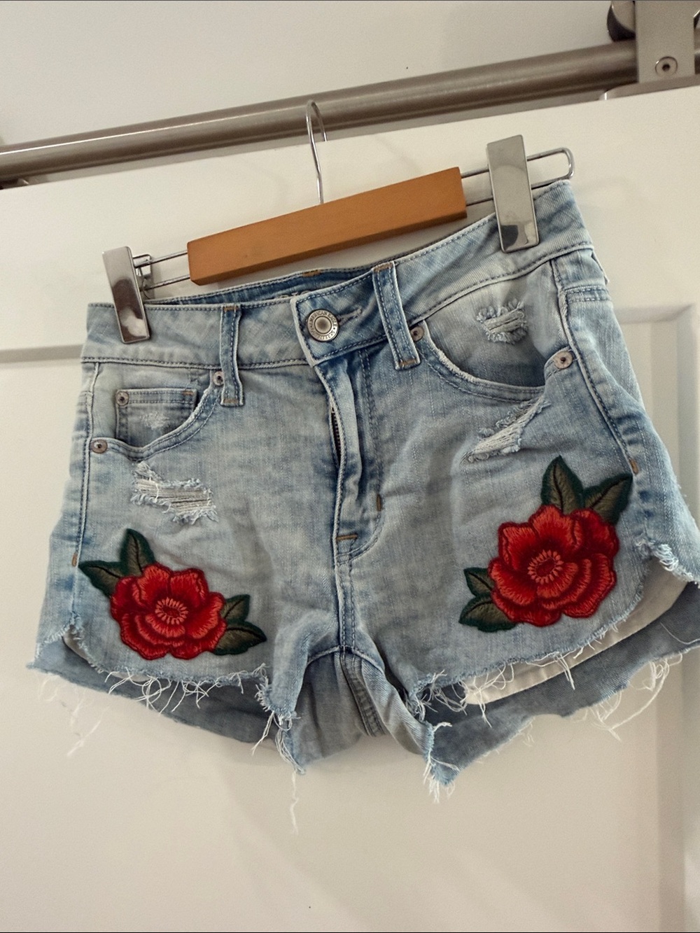 American Eagle Outfitters Light Wash Denim Shorts with Red Rose Embroidery